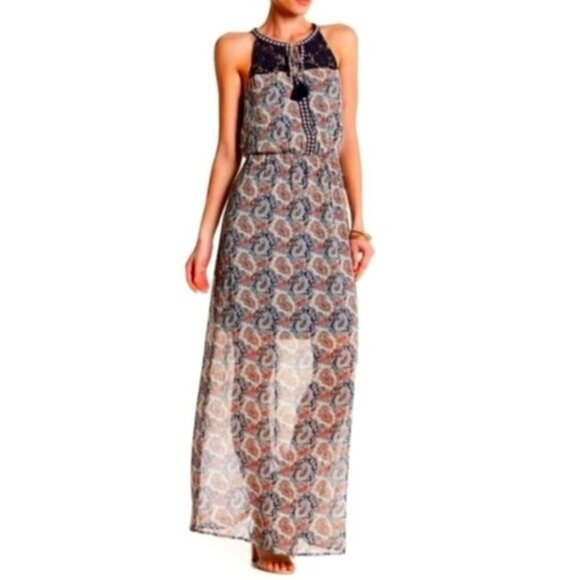 Daniel Rainn paisley navy  coral halter boho maxi dress Medium - Picture 14 of 14